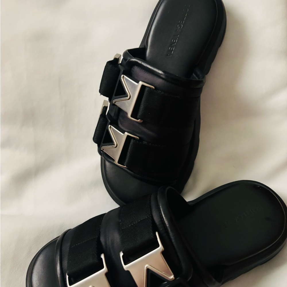 Bottega Veneta Black Leather Dual-Strap Slide Sandals with Silver Buckles